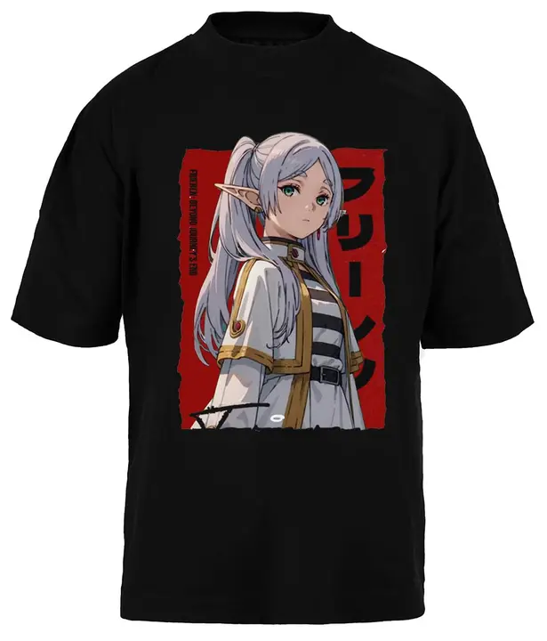 Camiseta oversize negra unisex «Frieren Beyond Journeys» (Kwantees)