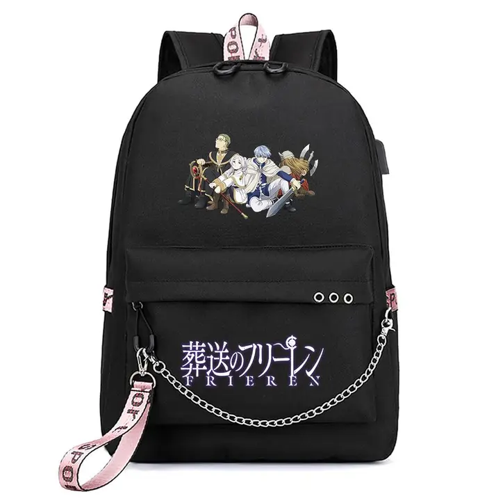 Mochila con USB, salida de auriculares y llavero de Frieren — diseño 6 en negro (Sageam)