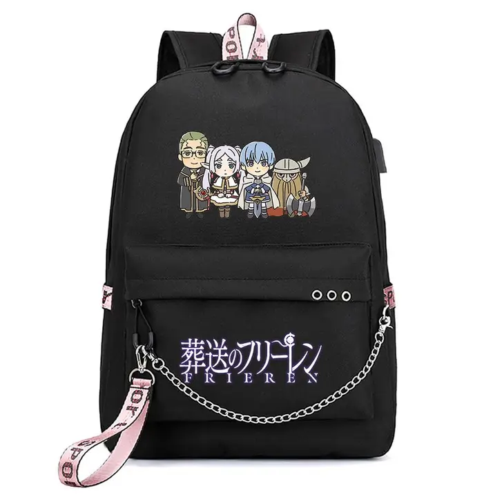 Mochila con USB, salida de auriculares y llavero de Frieren — diseño 11 en negro (Sageam)