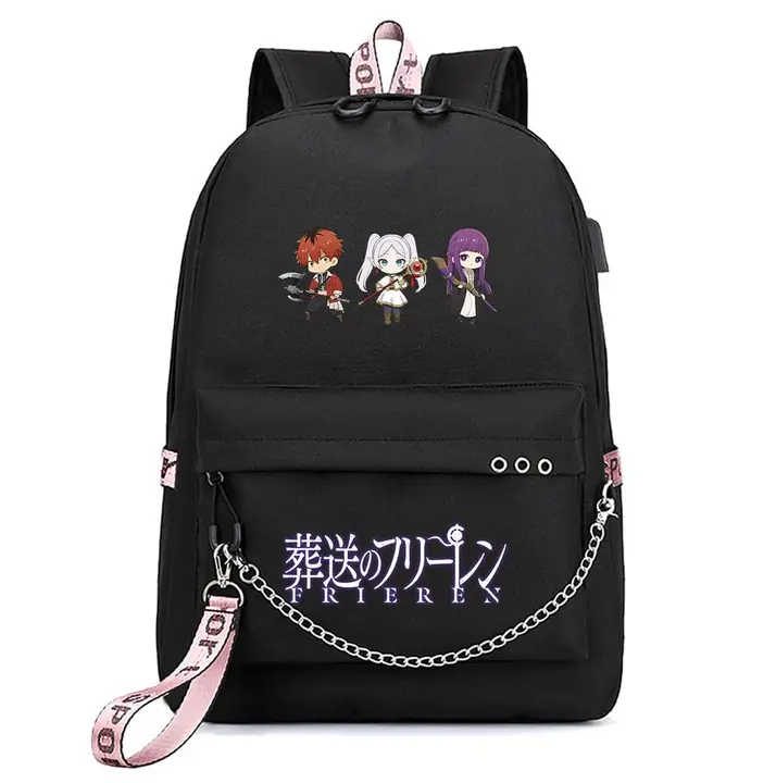 Mochila con USB, salida de auriculares y llavero de Frieren — diseño 13 en negro (Sageam)