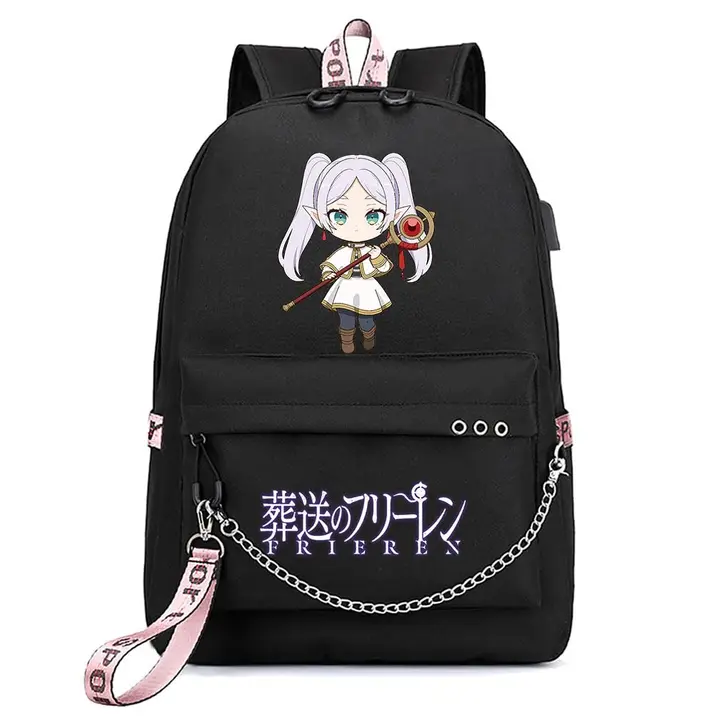 Mochila con USB, salida de auriculares y llavero de Frieren — diseño 15 en negro (Sageam)