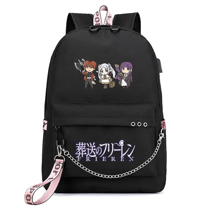 Mochila con USB, salida de auriculares y llavero de Frieren — diseño 10 en negro (Sageam)