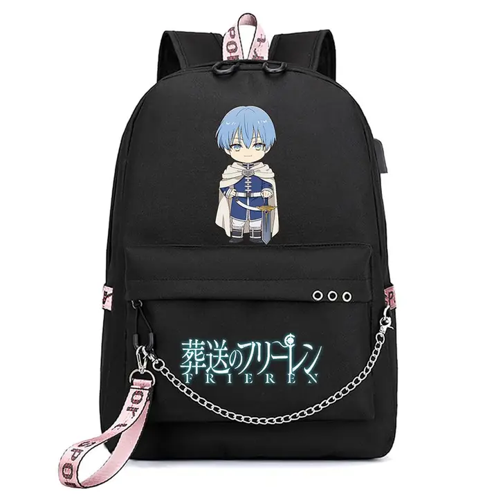 Mochila con USB, salida de auriculares y llavero de Frieren — diseño 16 en negro (Sageam)