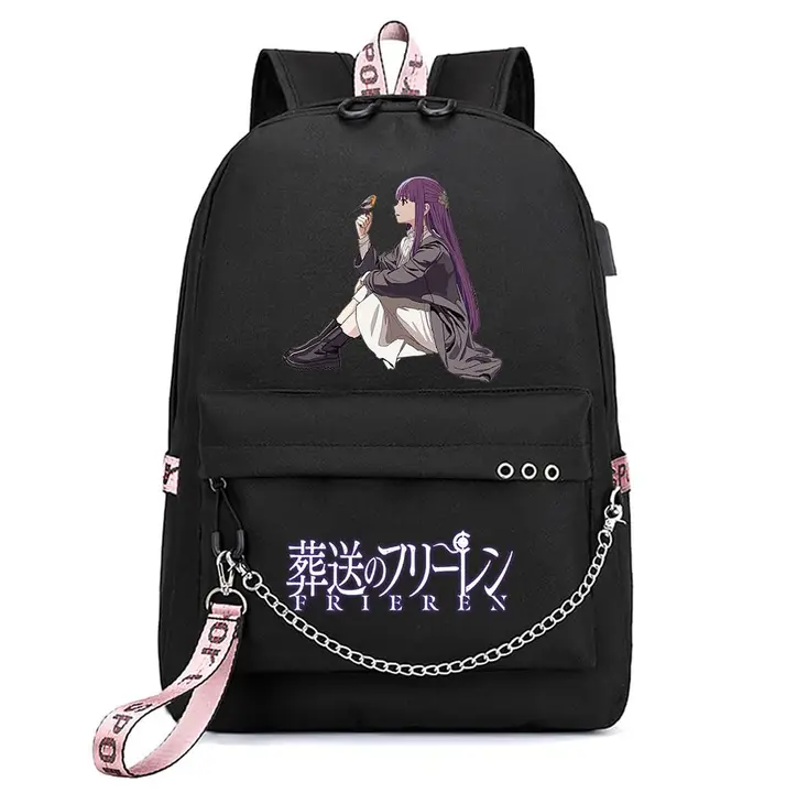 Mochila con USB, salida de auriculares y llavero de Frieren — diseño 7 en negro (Sageam)