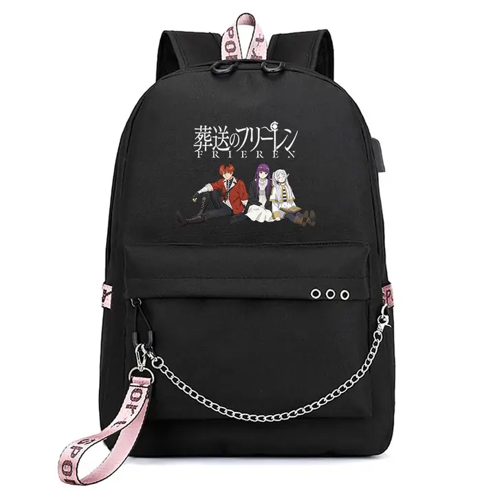 Mochila con USB, salida de auriculares y llavero de Frieren — diseño 3 en negro (Sageam)