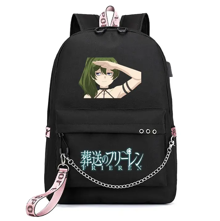 Mochila con USB, salida de auriculares y llavero de Frieren — diseño 9 en negro (Sageam)