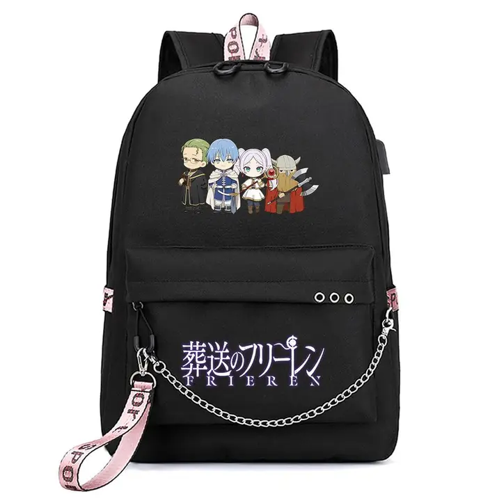 Mochila con USB, salida de auriculares y llavero de Frieren — diseño 14 en negro (Sageam)