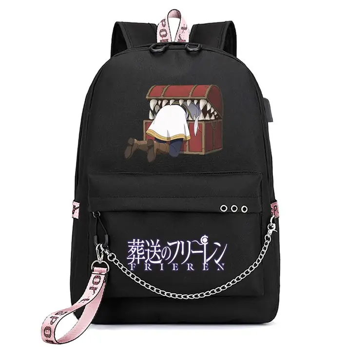 Mochila con USB, salida de auriculares y llavero de Frieren — diseño 4 en negro (Sageam)