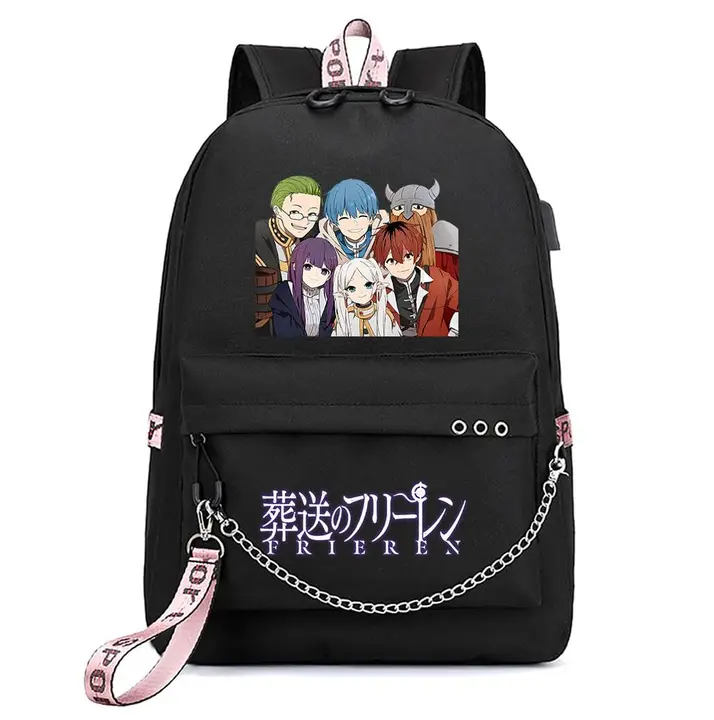 Mochila con USB, salida de auriculares y llavero de Frieren — diseño 5 en negro (Sageam)