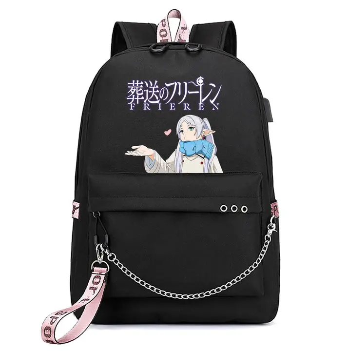 Mochila con USB, salida de auriculares y llavero de Frieren — diseño 1 en negro (Sageam)