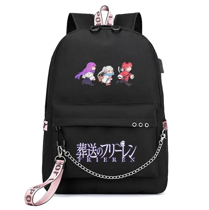 Mochila con USB, salida de auriculares y llavero de Frieren — diseño 12 en negro (Sageam)