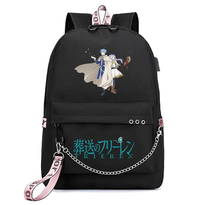 Mochila con USB, salida de auriculares y llavero de Frieren — diseño 2 en negro (Sageam)