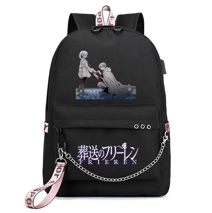 Mochila con USB, salida de auriculares y llavero de Frieren — diseño 8 en negro (Sageam)