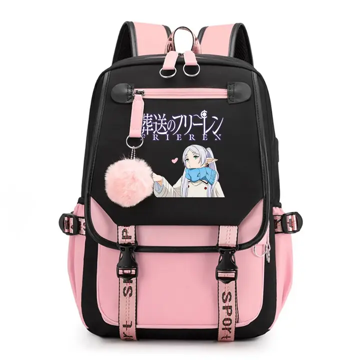 Mochila de doble capa con USB y pompón de Frieren — diseño 1 en rosa (Sageam)
