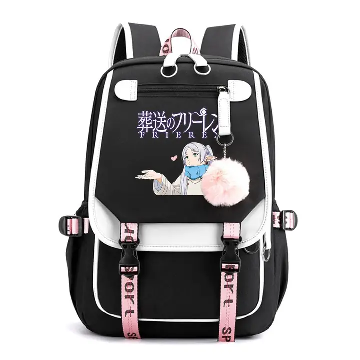 Mochila de doble capa con USB y pompón de Frieren — diseño 1 en negro (Sageam)
