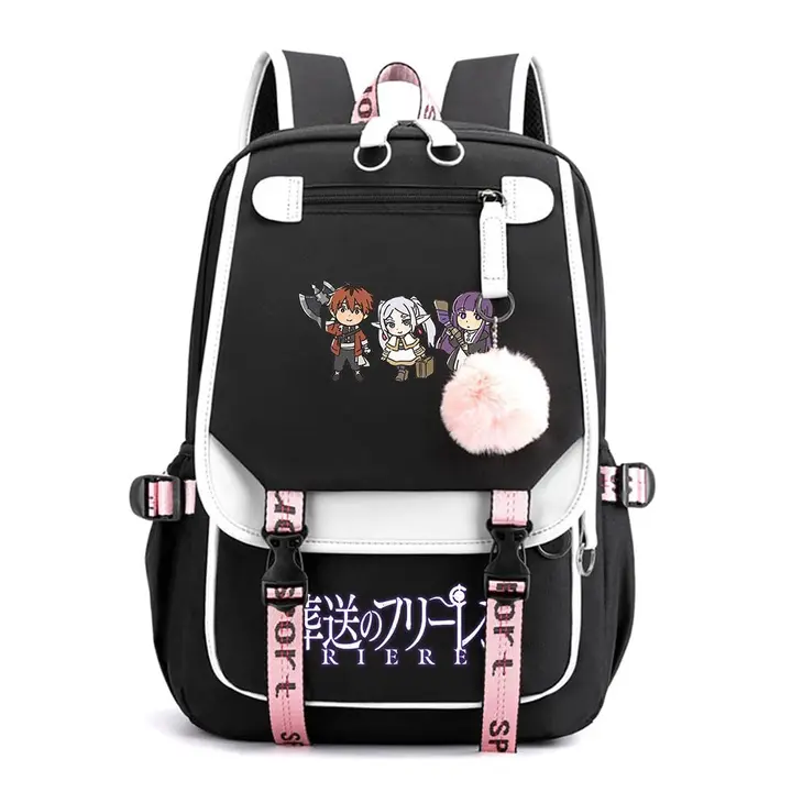 Mochila de doble capa con USB y pompón de Frieren — diseño 10 en negro (Sageam)