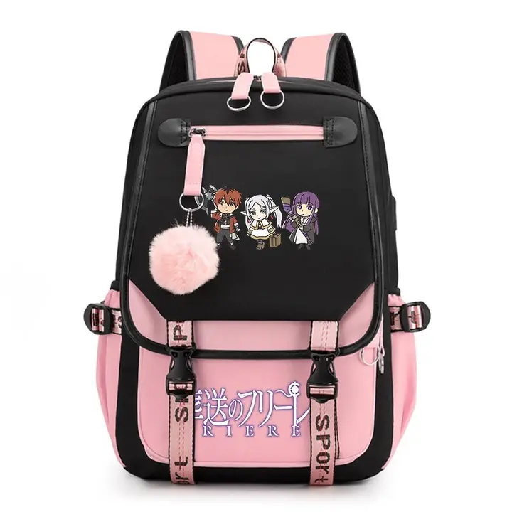 Mochila de doble capa con USB y pompón de Frieren — diseño 10 en rosa (Sageam)