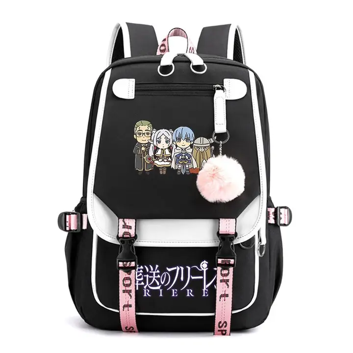 Mochila de doble capa con USB y pompón de Frieren — diseño 11 en negro (Sageam)