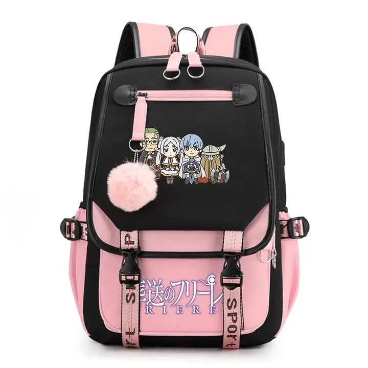 Mochila de doble capa con USB y pompón de Frieren — diseño 11 en rosa (Sageam)