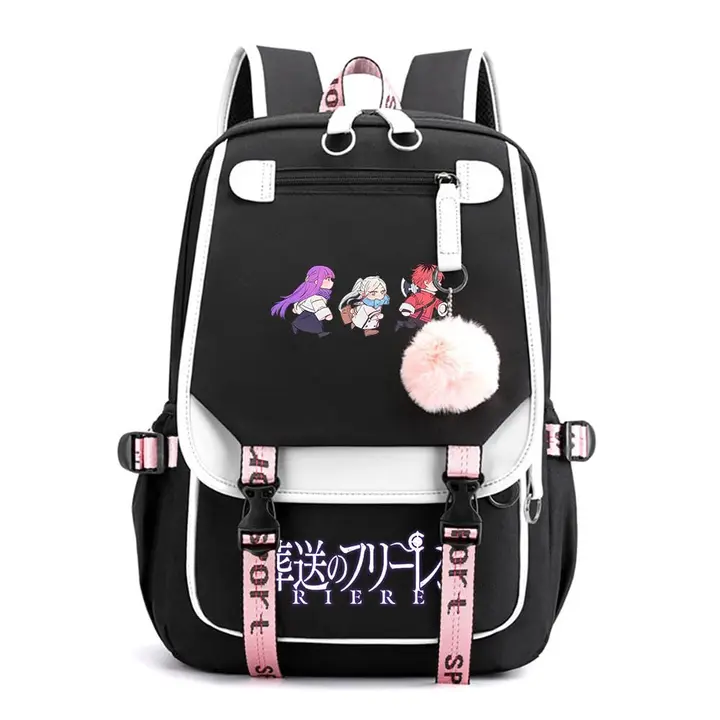 Mochila de doble capa con USB y pompón de Frieren — diseño 12 en negro (Sageam)
