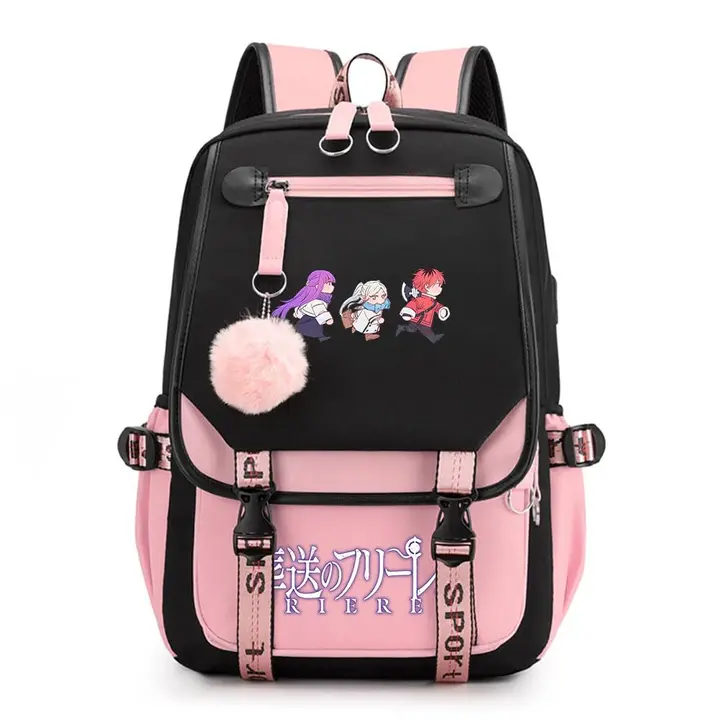 Mochila de doble capa con USB y pompón de Frieren — diseño 12 en rosa (Sageam)