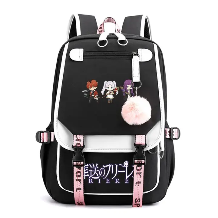 Mochila de doble capa con USB y pompón de Frieren — diseño 13 en negro (Sageam)