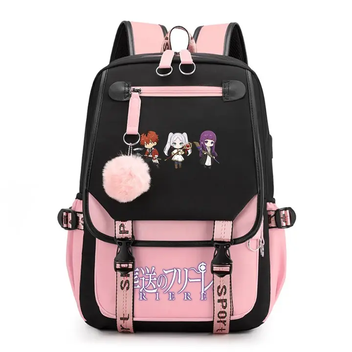 Mochila de doble capa con USB y pompón de Frieren — diseño 13 en rosa (Sageam)