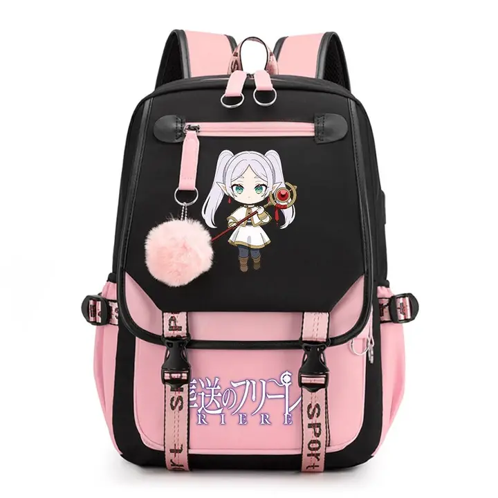 Mochila de doble capa con USB y pompón de Frieren — diseño 15 en rosa (Sageam)