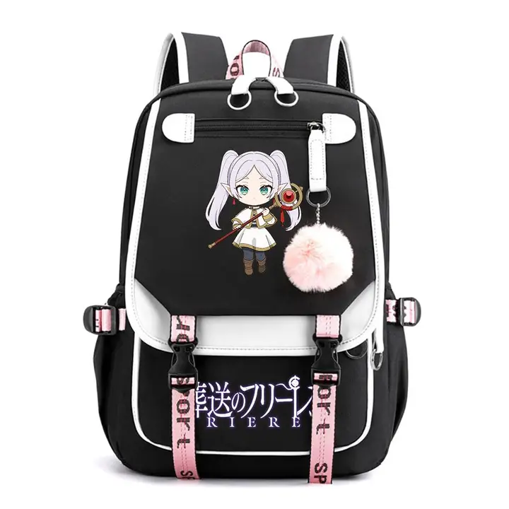 Mochila de doble capa con USB y pompón de Frieren — diseño 15 en negro (Sageam)