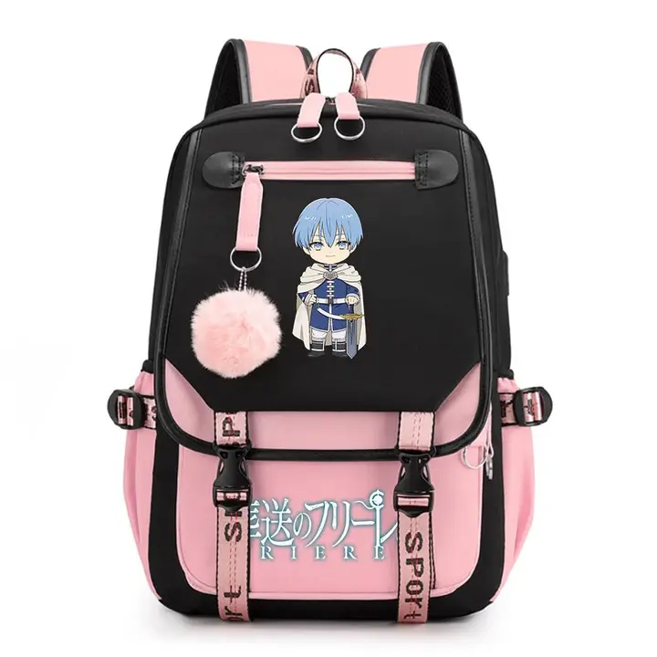 Mochila de doble capa con USB y pompón de Frieren — diseño 16 en rosa (Sageam)
