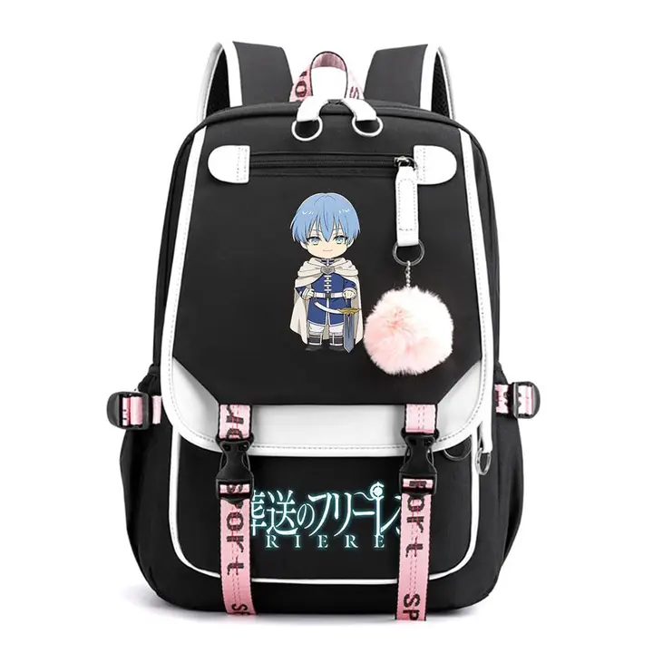 Mochila de doble capa con USB y pompón de Frieren — diseño 16 en negro (Sageam)