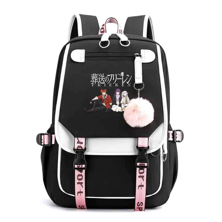 Mochila de doble capa con USB y pompón de Frieren — diseño 3 en negro (Sageam)