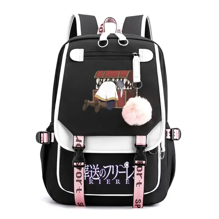 Mochila de doble capa con USB y pompón de Frieren — diseño 4 en negro (Sageam)