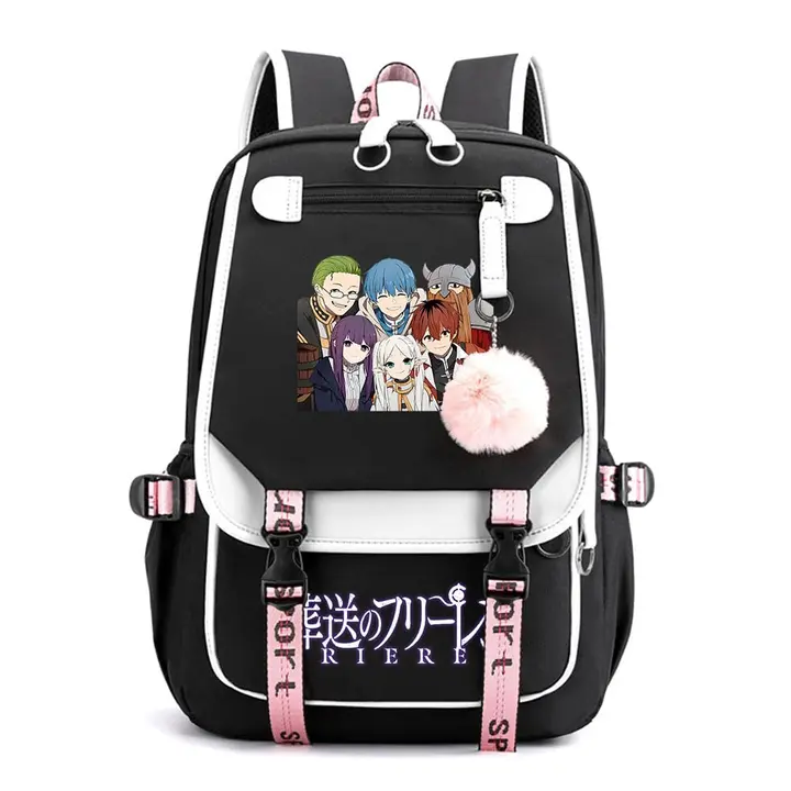Mochila de doble capa con USB y pompón de Frieren — diseño 5 en negro (Sageam)