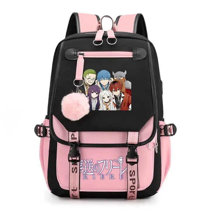 Mochila de doble capa con USB y pompón de Frieren — diseño 5 en rosa (Sageam)