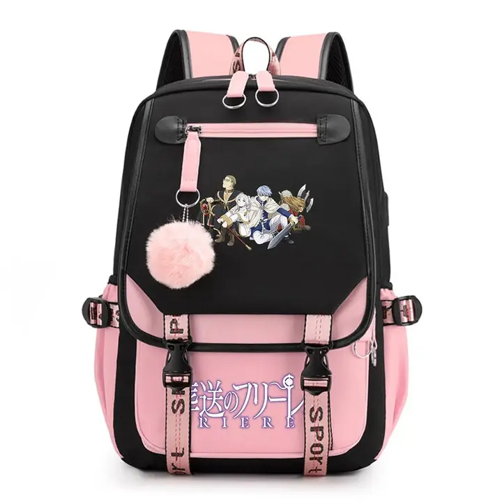 Mochila de doble capa con USB y pompón de Frieren — diseño 6 en rosa (Sageam)
