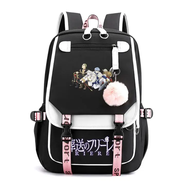 Mochila de doble capa con USB y pompón de Frieren — diseño 6 en negro (Sageam)