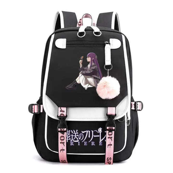 Mochila de doble capa con USB y pompón de Frieren — diseño 7 en negro (Sageam)