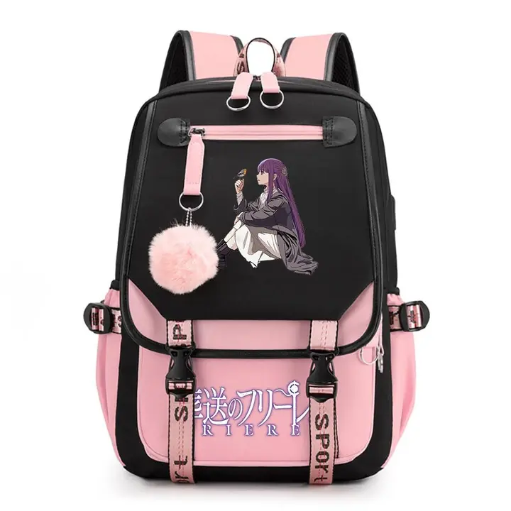 Mochila de doble capa con USB y pompón de Frieren — diseño 7 en rosa (Sageam)