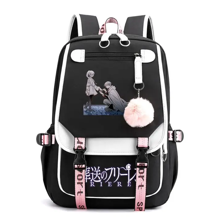 Mochila de doble capa con USB y pompón de Frieren — diseño 8 en negro (Sageam)