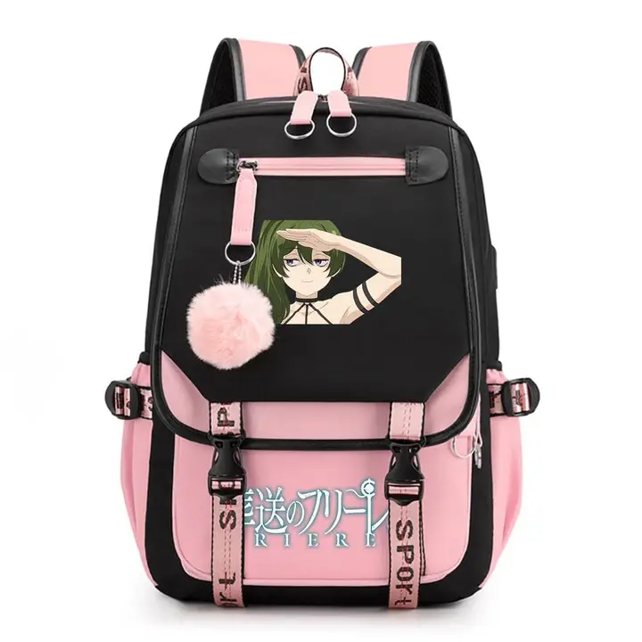 Mochila de doble capa con USB y pompón de Frieren — diseño 9 en rosa (Sageam)