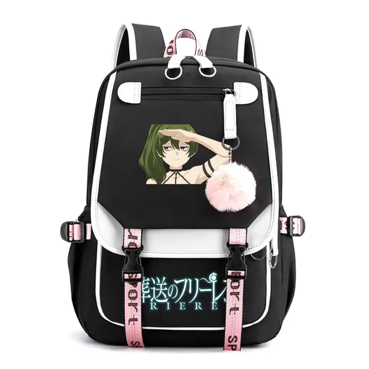 Mochila de doble capa con USB y pompón de Frieren — diseño 9 en negro (Sageam)