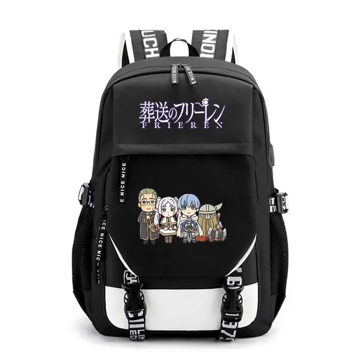 Mochila de gran capacidad con USB de Frieren — diseño 11 en negro (Sageam)