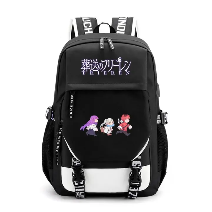 Mochila de gran capacidad con USB de Frieren — diseño 12 en negro (Sageam)