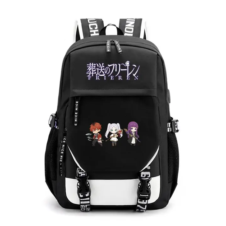 Mochila de gran capacidad con USB de Frieren — diseño 13 en negro (Sageam)