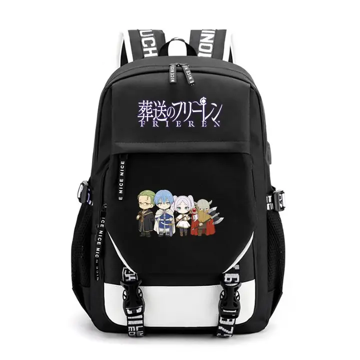 Mochila de gran capacidad con USB de Frieren — diseño 14 en negro (Sageam)