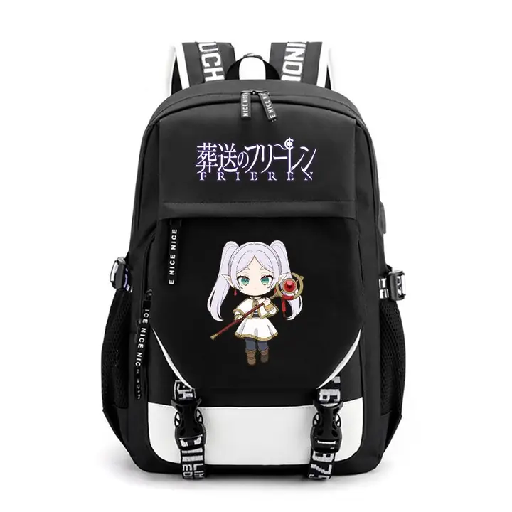 Mochila de gran capacidad con USB de Frieren — diseño 15 en negro (Sageam)