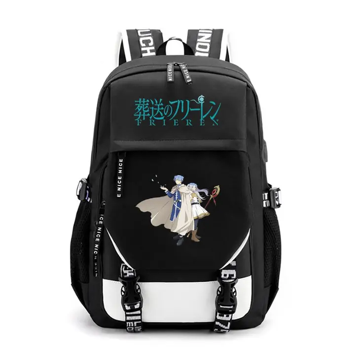Mochila de gran capacidad con USB de Frieren — diseño 2 en negro (Sageam)