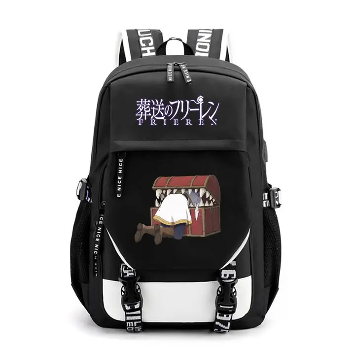 Mochila de gran capacidad con USB de Frieren — diseño 4 en negro (Sageam)