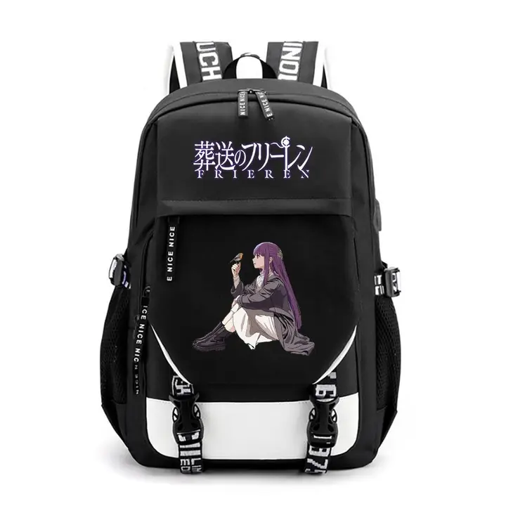 Mochila de gran capacidad con USB de Frieren — diseño 7 en negro (Sageam)